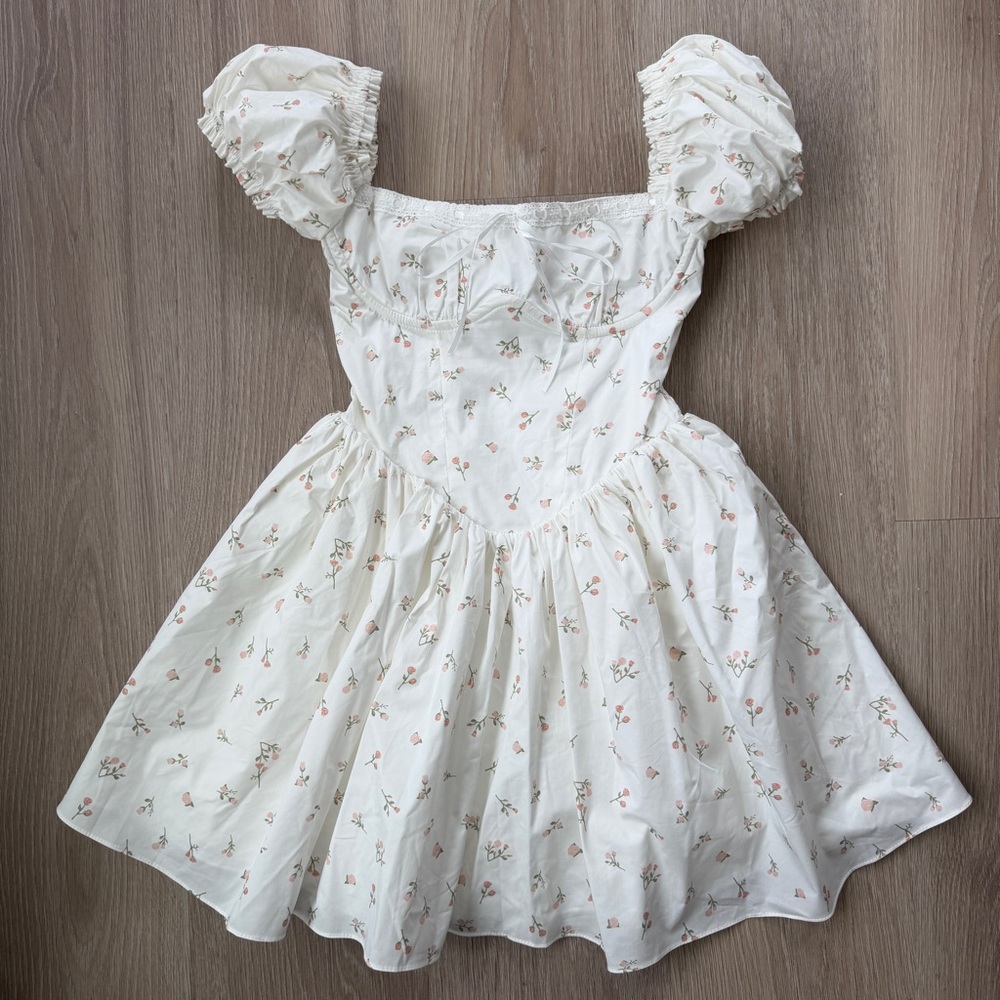 Babyboo White Floral Puff-Sleeve corset Top Dress